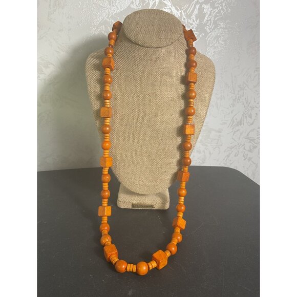 Vintage Wooden Bead Necklace With Geometric Shapes & Earthy Charm - Picture 1 of 3